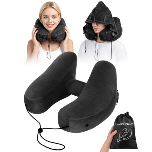 OFFCUP Cojin de Viaje Cuello, Inflable Cojin Cervical Viajes, Cojin Cuello Viajes Compacto con Capota Desmontable, Almohada de Viaje Hinchable para Coches, Aviones, Trenes y Oficinas (Negro)