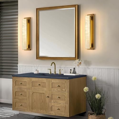 Image of Alabaster Wall Sconces 20 inch Gold Bathroom Vanity Light Indoor Natural Marble Brass Alabaster Wall Lights for Living Room Modern Alabaster Wall Lighting for Dining Room Bedroom Stairs