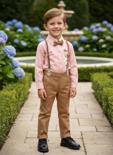Image of Boarnseorl Baby Boys Pants Sets, Infant Long Sleeve Shirt + Pants + Bow Tie + Suspenders Outfits