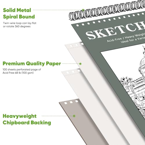 Image of Soucolor Sketch Book 9x12, Drawing Paper Pad 68lb /100gsm Acid-Free | 100 Sheets,Top Spiral Sketchbook for Kids Adults, Art Supplies Sketch Pad for Drawing Illustration College Essentials