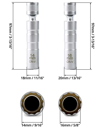 Image of QWORK 14mm&16mm Magnetic Swivel Spark Plug Socket, Thin Wall Magnetic Rotating 3 /8 inch Drive 12 Point Standard Spark Plug Socket Removal Tool 360-degree Rotation for Maximum Flexibility