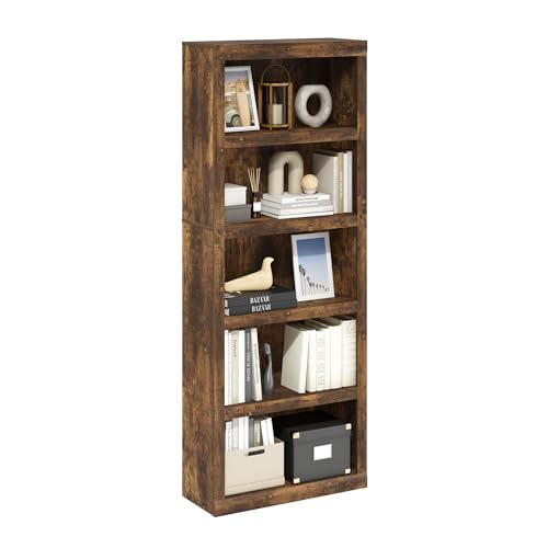 Image of Furinno Rail Book Shelf, 5-Tier Bookshelf with Open Shelf, Bookcase with Classic Style Edges, 10 x 24.6 x 63.5, for Organization and Storage, for Living Room, Bedroom, Home Office, Amber Pine