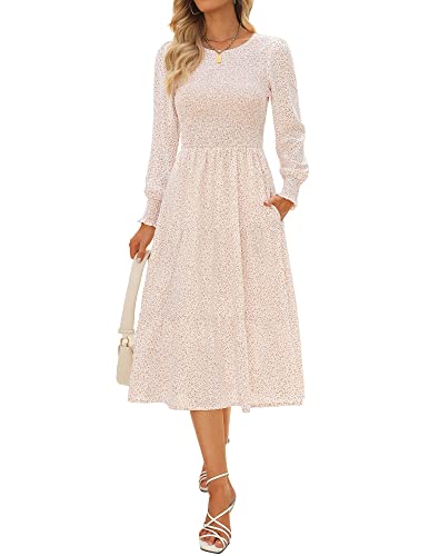 Zattcas Damen Herbstkleider 2025, lässig, langärmelig, gesmokt, Boho-Stil, Blumenmuster, Midi-Kleid für Hochzeitsgäste mit Taschen, Beige, Groß