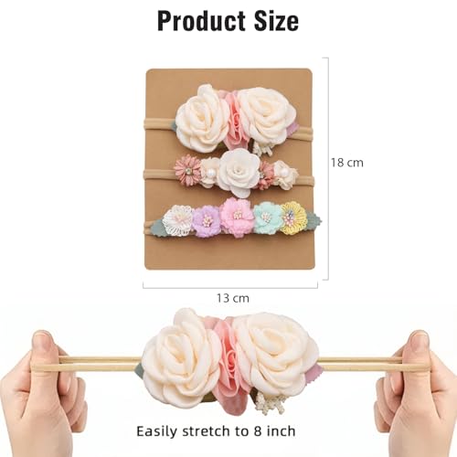 Image of SYGA 3 Pcs Baby Headband, Flower Stretchable, Nylon HairBand for Newborn Infant Toddlers Kids 0-3 Year-Design-6