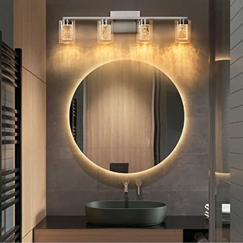 Bathroom Light Fixtures, 4 Light Brushed Nickel Vanity Light Over Mirror, 3 Color Led Bathroom Vanity Lights With Crystal Bubble Glass, Dimmable Bubble Wall Sconce Lighting For Bathroom, Living Room #TOP1