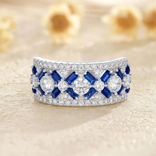 SHELOVES White CZ and Blue Created Sapphire Wide Wedding Bands for Women Elegant White Gold Baguette Rings 5-102