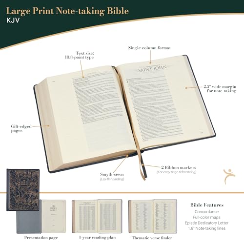 KJV Holy Bible, Large Print Note-Taking Bible, Faux Leather Hardcover - King James Version, Navy W/Gold Floral
