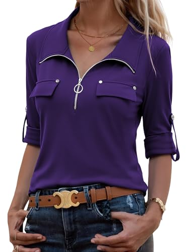 Image of Bulotus Womens 3 /4 Sleeve Tops Plus Size V Neck Zipper Business Casual Blouses for Office & Going Out Soft Knit Tunics, M-3XL