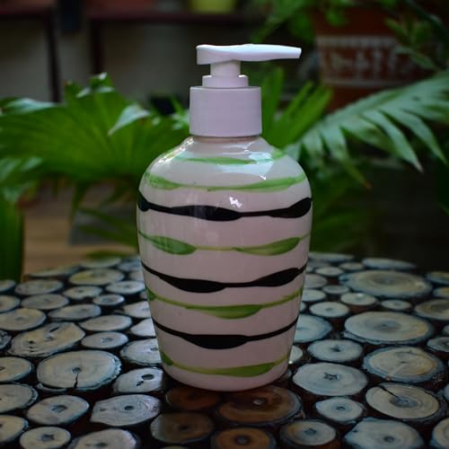 Image of Ceramic Liquid Soap Dispenser, 300 ml, Green Peas | Refillable Pump Bottle for Hand Wash, Lotion, Shampoo & Kitchen Use, 2 Pieces