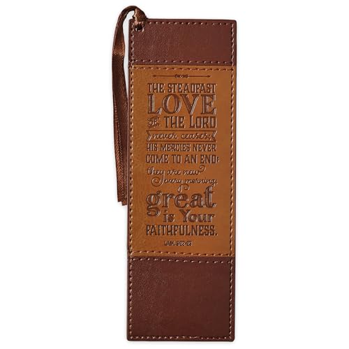 Product Image of the Christian Art Gifts Premium Vegan Leather Bookmark for Men: Steadfast Love - Lamentations 3:22-23 Inspirational Bible Verse, Heat-Debossed, Faith-Based Reading Accessory, Two-Tone Brown with Tassel