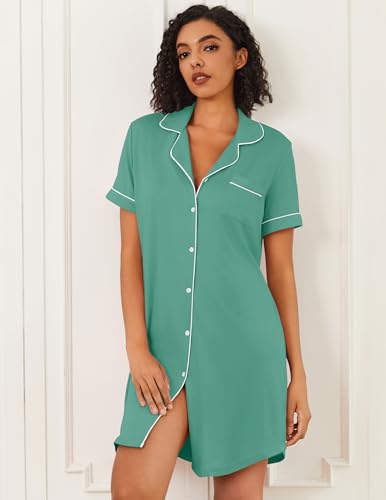 Image of Ekouaer Nightgowns for Women Bamboo Viscose Sleep Shirts Button Down Night Shirt Short Sleeve Boyfriend Pajama Dress