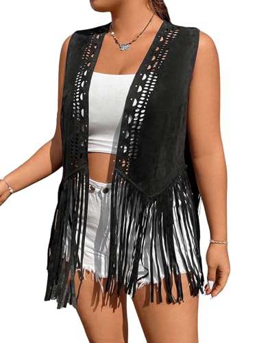 Floerns Women's Plus Size Open Front Sleeveless Fringe Hem Vest Jacket