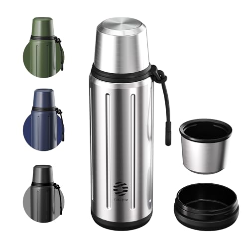 Healter Thermoskanne mit Becher 1l (48 Stunden heiß und 72 Stunden kalt) Thermosflasche Kaffee Tee Thermobecher mit Abnehmbarem Boden und Filter Geeignet für Reisen Büro und Schule(Silber)