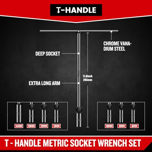 T-Handle Wrench Socket Set, Cr-V Steel T Wrench Set Metric Size 6mm to 14mm, Wrench Tool Socket with Long Reach for Motorcycle Dirtbike Bicycle Repair (7 Pack) - Image 2