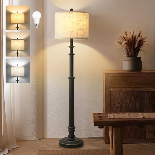 Image of EJIAXIN Floor Lamps for Living Room - 60 inch Farmhouse Floor Lamp with Adjustable Color Temperatures - Vintage Standing Lamp Reading Light with Linen Shade Retro Tall Lamp for Bedroom Office, Black
