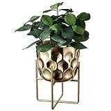 MyGift 7 Inch Deluxe Modern Hammered Brass Tone Metal Flower Planter Pot with Decorative Riser, Plant Pot with Display Stand Décor - Handcrafted in India