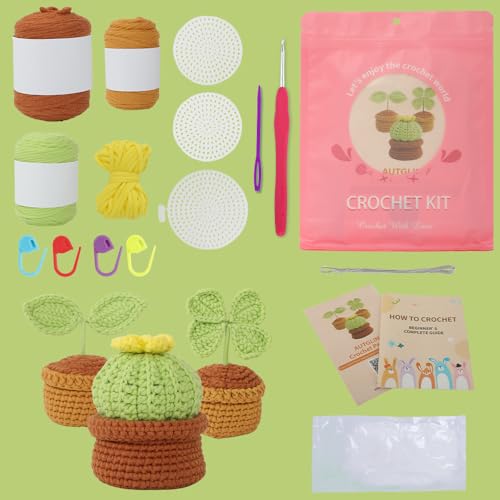 Image of Autglint Potted Plant Crochet Kit for Beginners, Learn to Crochet Starter Kit with Pre-Started Yarn & Easy-to-Follow Video Tutorials, DIY Amigurumi Animal Kit for Adults Kids Gift