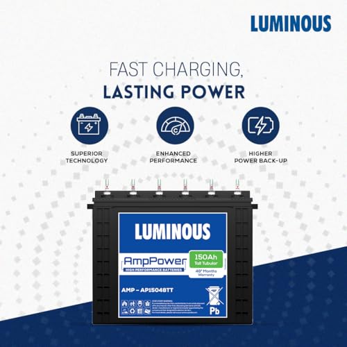 Image of Luminous Zelio 1100 Pure Sine Wave 900VA Inverter with 150Ah AmpPower Tall Tubular Battery Combo and Trolley - Home, Shop & Office Backup Power - 36M Inverter & 48M Battery Warranty | AmpPower Tall Tubular Battery, Combo with Trolley, Home, Shop & Office Backup Power, 36M Inverter & 48M Battery Warranty