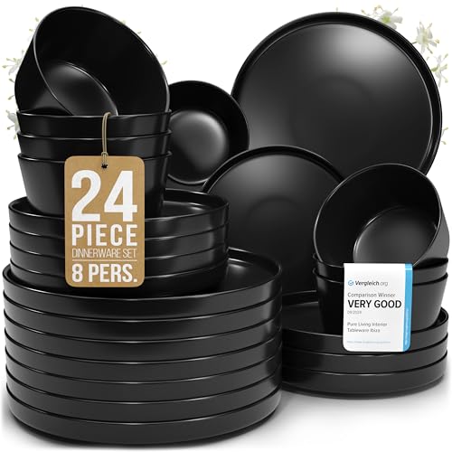 Image of Stoneware dinnerware set 8 persons 24 pcs – Ultra chic matte black plates and bowls set – Dishwasher and microwave safe – Bowl and plate set – Dinner service Pure Living