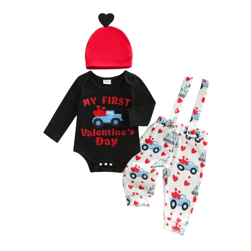 Image of Eurvoku My First Valentines Day Baby Boy Outfit Newborn Letter Print Long Sleeve Romper Suspender Pants Hat 3Pcs Clothes Set