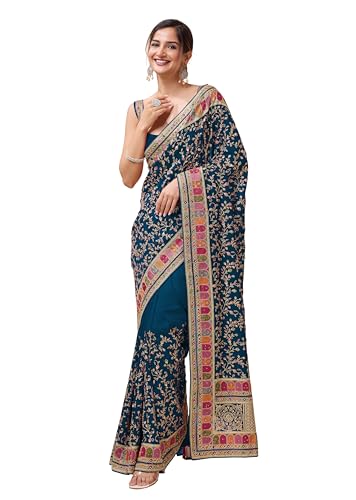 Image of TRENDMALLS Women's Vichitra Silk Heavy Embroidery With Siroski Stone Work Saree with Unstitch Blouse Piece For Women