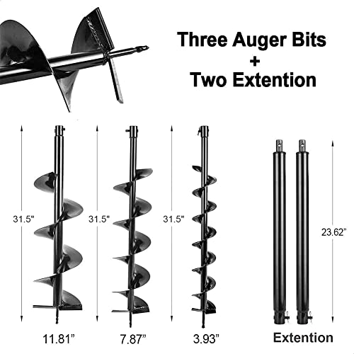 Image of 72cc Post Hole Digger 2-Stroke Petrol Gas Powered Earth Digger with 3 Auger Drill Bits (4 inch 8 inch & 12 inch) + 2 Extension Rods for Farm Garden Plant