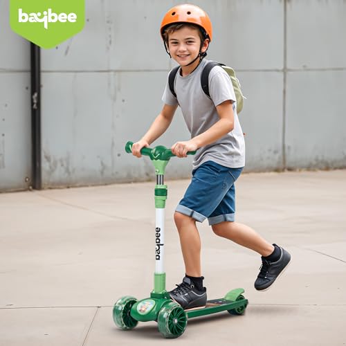 Image of Baybee Kitty Kick Scooter for Kids | Foldable 3 Wheel Kid Scooter with 4 Height Adjustable Handle & Brake | Skate Scooters with LED PU Wheels | Runner Scooters for Kids 3 to 10 Years Boy Girl (Green)