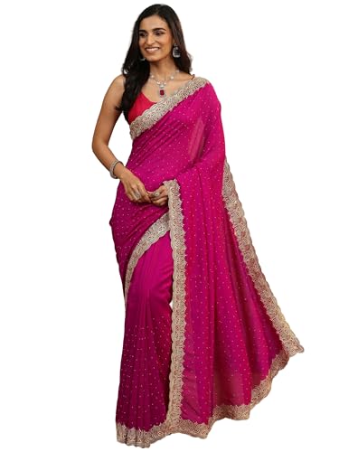 Image of Libas Embellished Silk Blend Saree for Women With Unstitched Blouse Piece | Traditional Saree for Party & Wedding