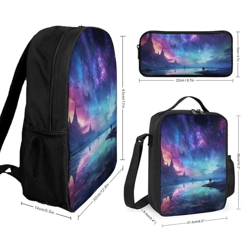 3 Piece Backpack for Women Men Lightweight Causal Daypack Shoulder Bag Set with Insulated Lunch Bag And Pencil Case Organizers Northern Lights2