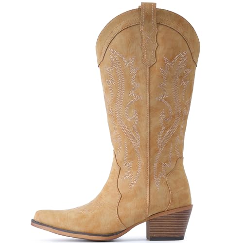 Image of IUV Cowboy Boots For Women Western Cowgirl Boots Mid Calf Snip Toe | Chunky Heel Ideal for low insteps