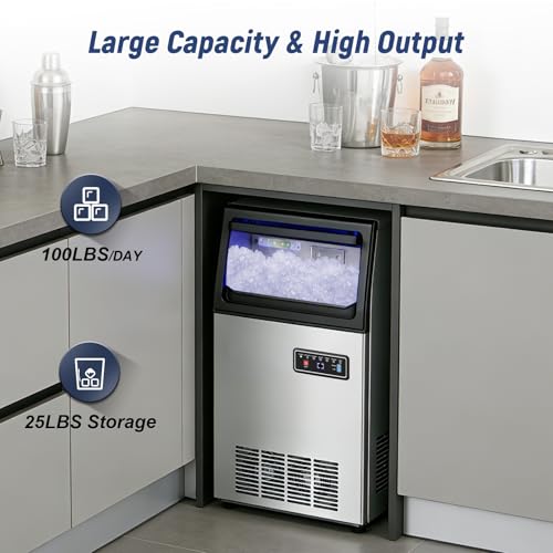 Image of SOZT Nugget Ice Maker Machine, 100LBS /24H, 25LBS Capacity | Under Counter Ice Maker, Self-Cleaning Freestanding Sonic Pellet Ice Maker for Home, Bar, Restaurant, Office