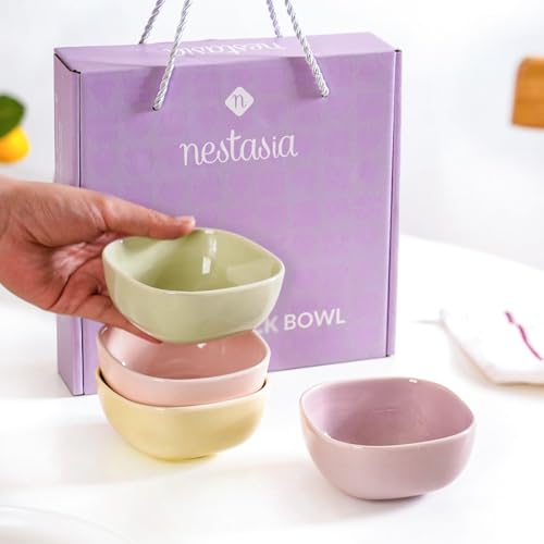 Image of Nestasia Set of 4 Square Ceramic Bowl (200ml) - Daily Use Microwave Safe Bowl for Snacks, Chutney, Rice, Dal, Fruits, Nuts or Dips | Pastel Multicolor Gift Bowl Set with Box for Gifting