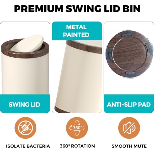 Image of 2.3 Gal /2.6 Gal Metal Shake Lid Trash Can, Double Bucket for Bathroom, Living Room, Kitchen, Office (White Gold lid - 15L)