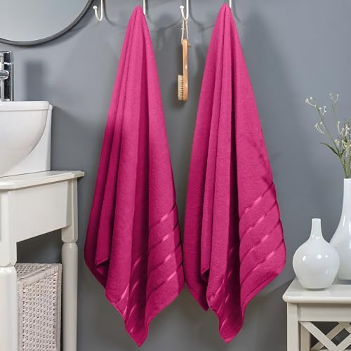 Image of Elegant Comfort 100% Turkish Cotton 4 Lines Viscose Stripe Luxury 2 Pack Bath Towel Set 27 x 54 Inch - Super Soft and Highly Absorbent Premium Hotel Spa Quality Towels for Bathroom Use, Hot Pink