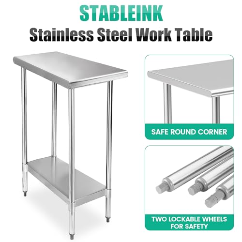 Image of STABLEINK NSF Stainless Steel Prep Table 12x30 Inches, Small Metal Work Table with Adjustable Undershelf, for Commercial Kitchen, Restaurant, Hotel, Laundry and Garage