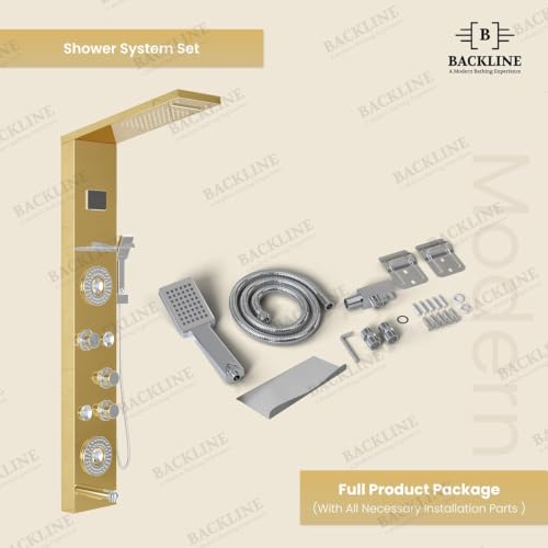 Image of Backline shower panel | 8 In 1 Shower System 304 Grade Stainless Steel Thermostatic Shower With Storage Shelf, LED Rainfall Shower,Hot & Cold Adjustable,Massage Spray,Hand Shower & Water Spout (Gold)