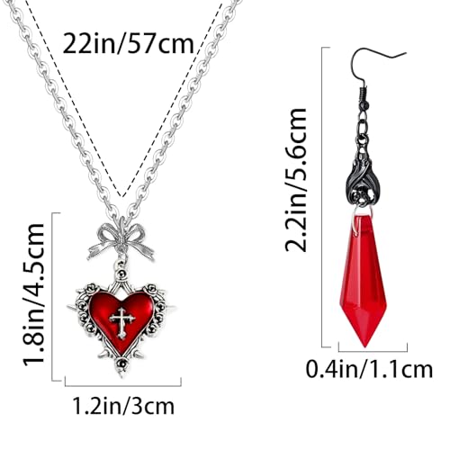 Gothic Bat Earrings and Vampire Necklace Set, Vampire Accessories Women, Halloween Jewelry with Choker, Black Dark Red Heart Pendant Costume Jewelry, Goth Witch Gift Collection.2