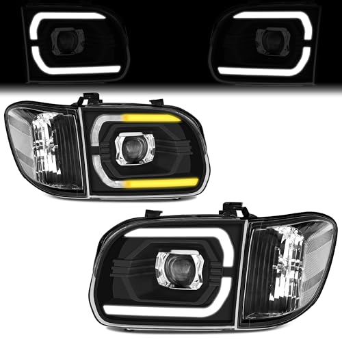 telpo 500% Brighter Projector Head Lamps Assembly Fit For 05 06 Toyota Tundra LED SEQ DRL Headlight 2005 2006 2007 Sequoia Pickup Black Housing With Clear ReflectorDouble/Crew Cab