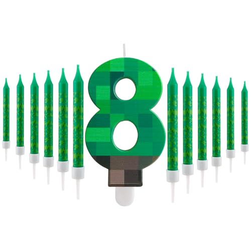 Velas de Cumpleaños con Tema Pixelado Número 8 y 12 Velas Largas Verdes Delgadas, Velas Temáticas de Videojuegos para Decoración de Fiestas Infantiles, Aniversarios