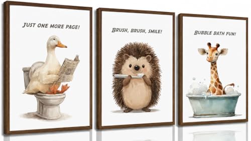 3Pcs Funny Bathroom Animal Canvas Wall Art, Nursery Toilet Quotes Painting Pictures Wall Decor, Washroom Simple Neutral Posters Print Artwork for Restroom, Home Decoration 16x24in Unframed
