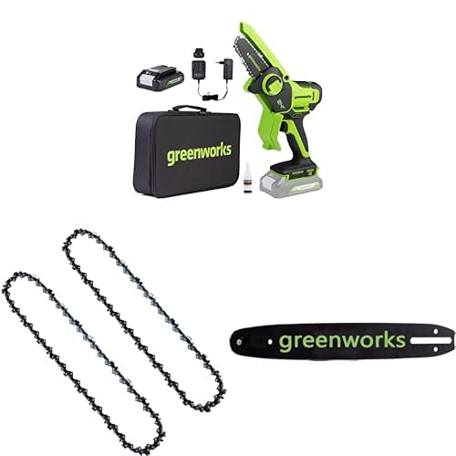 Greenworks 24V Mini-Kettensäge 4 Zoll (10cm) kabellose Akku-Kettensäge mit 2Ah-Akku + Greenworks Kettensägekette im 2er-Pack für 4-Zoll (10 cm) + Greenworks 10cm Kettensägen-Schwert 2954807
