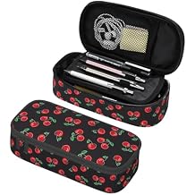 Red Cherry Black Pencil Case Big Capacity Storage Pencil Pouch Stationery Bags With Zipper Portable Pen Holder Box Organizer For Boys Student College School Office Supplies