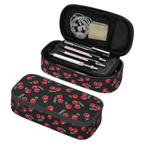 Image of Red Cherry Black Pencil Case Big Capacity Storage Pencil Pouch Stationery Bags With Zipper Portable Pen Holder Box Organizer For Boys Student College School Office Supplies