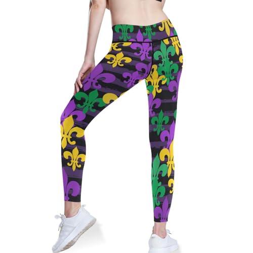 Calças de ioga femininas elásticas Mardi Gras Royal Fleur De Lis Listras Pretas Calças de Yoga, Mard