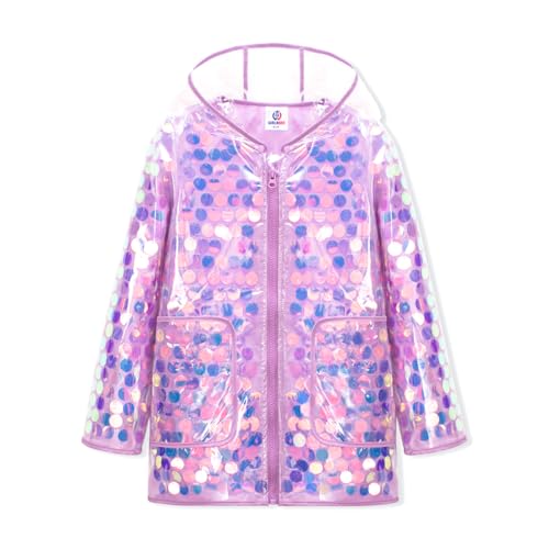 WELAKEN Girls Sequin Raincoat Waterproof Reusable Hooded Outwear Rain Jacket with Lining,purple,6-7Y