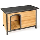 GOPLUS Hundehütte mit erhöhter Bodenplatte, Hundebox mit wasserdichtem & aufklappbarem Flachdach, Katzenhöhle aus Massivholz, Katzenhaus für Katzen & Hunde, 84,5 cm x 62 cm x 56 cm