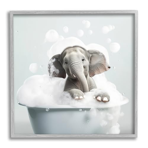 Image of 'Elephant Bubble Bath'| Framed Giclee Art | Stupell Industries | Gray, 24 x 24 Inches, Easy to Hang and Sturdy, Made in USA, by Lazar Studio