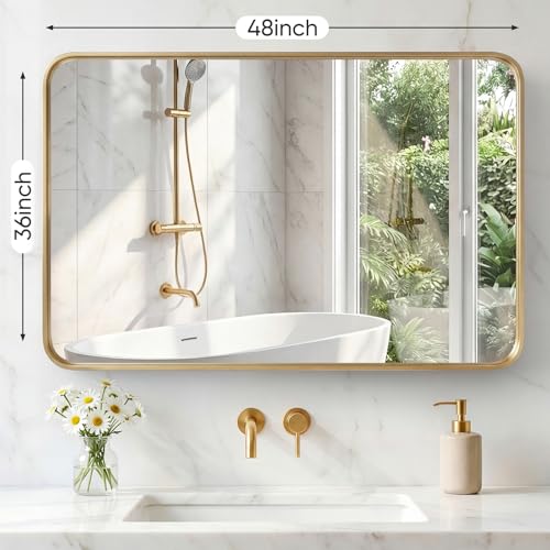 Image of Sweetcrispy Bathroom Mirror 48x36 Inch Metal Framed Rounded Rectangle Vanity Mirror for Wall, Over Sink, Farmhouse, Restroom, Anti-Rust, Modern Decorative, Horizontal or Vertical Hanging, Gold