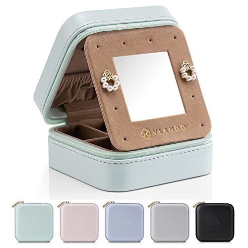 Vlando Schmuckkästchen Reise, Schmuckbox Klein Damen, für Ringe Ohrringe mit Spiegel Jewelry Box, Schmuckaufbewahrung Leder, Schmuckschatulle für Mädchen, Frauen Geschenk