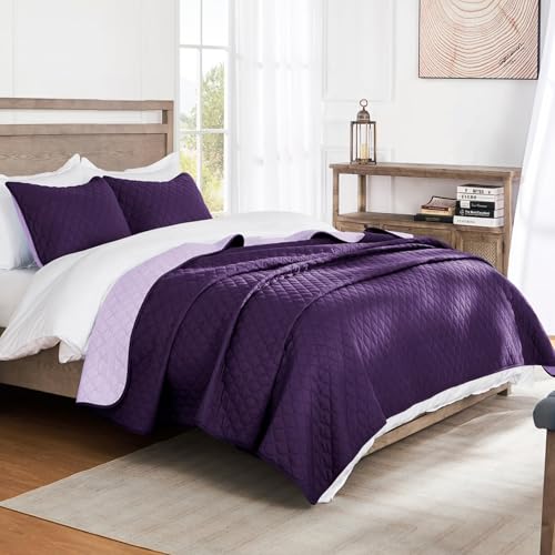 Exclusivo Mezcla Reversible King Size Quilt Bedding Set with Pillow Shams, Lightweight Quilts King Size, Soft Bedspreads Bed Coverlets for All Seasons - (Deep Purple, 104"x96")